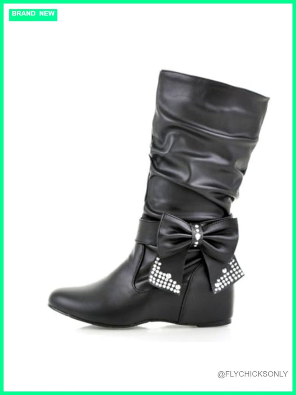 Rhinestone Bow Pointed Toe Mid Calf Boots Hidden Wedge Slip On Women